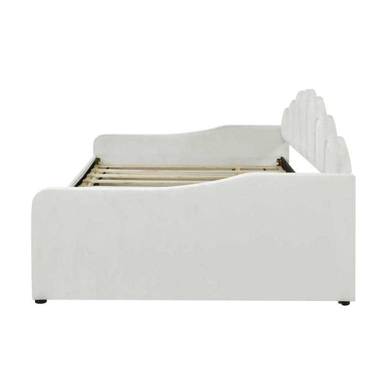 Full Size Upholstered Daybed with Shell Backrest and Trundle