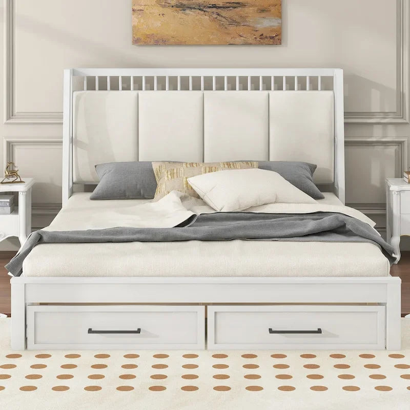 White Queen Size Wooden Platform Bed with Upholstered Headboard and 2 Drawers