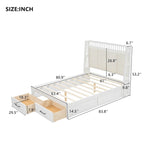 White Queen Size Wooden Platform Bed with Upholstered Headboard and 2 Drawers