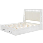 White Queen Size Wooden Platform Bed with Upholstered Headboard and 2 Drawers