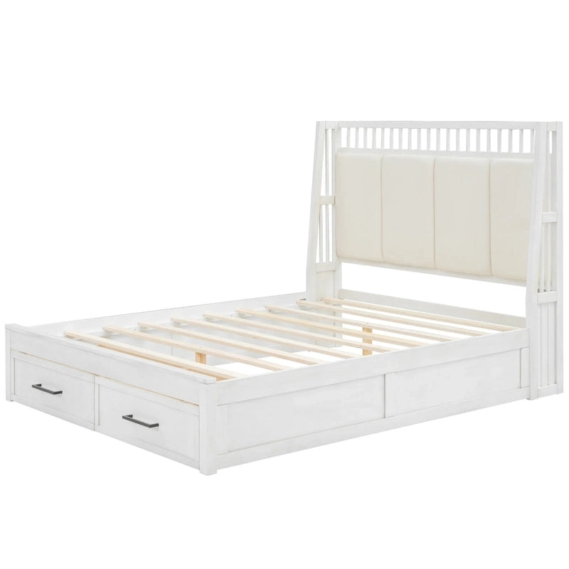 White Queen Size Wooden Platform Bed with Upholstered Headboard and 2 Drawers