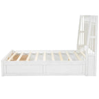 White Queen Size Wooden Platform Bed with Upholstered Headboard and 2 Drawers