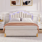 Queen Size Beige Upholstered Platform Bed with Lights and Drawers