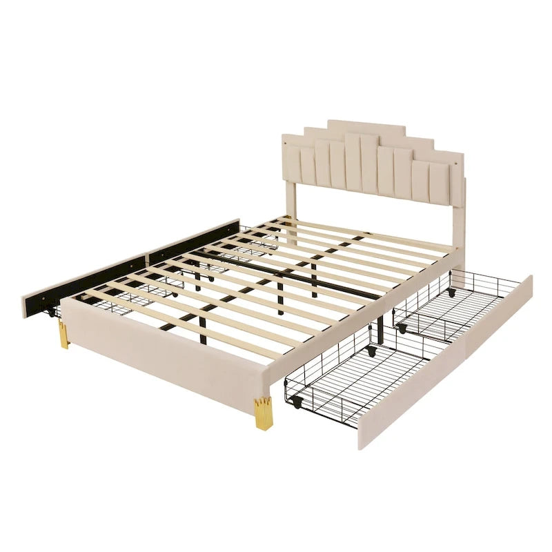 Queen Size Beige Upholstered Platform Bed with Lights and Drawers