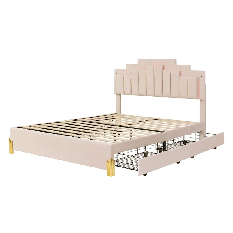 Queen Size Beige Upholstered Platform Bed with Lights and Drawers