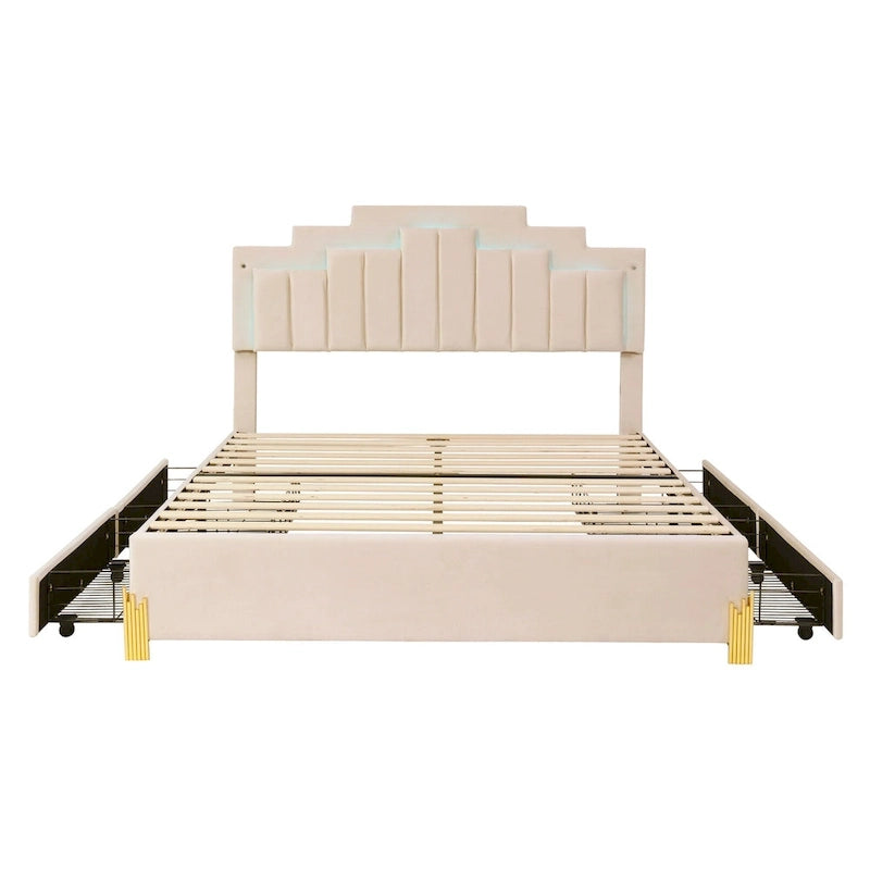 Queen Size Beige Upholstered Platform Bed with Lights and Drawers