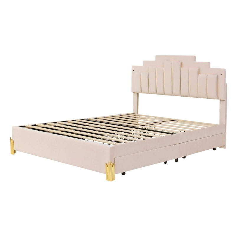 Queen Size Beige Upholstered Platform Bed with Lights and Drawers