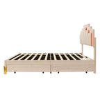 Queen Size Beige Upholstered Platform Bed with Lights and Drawers