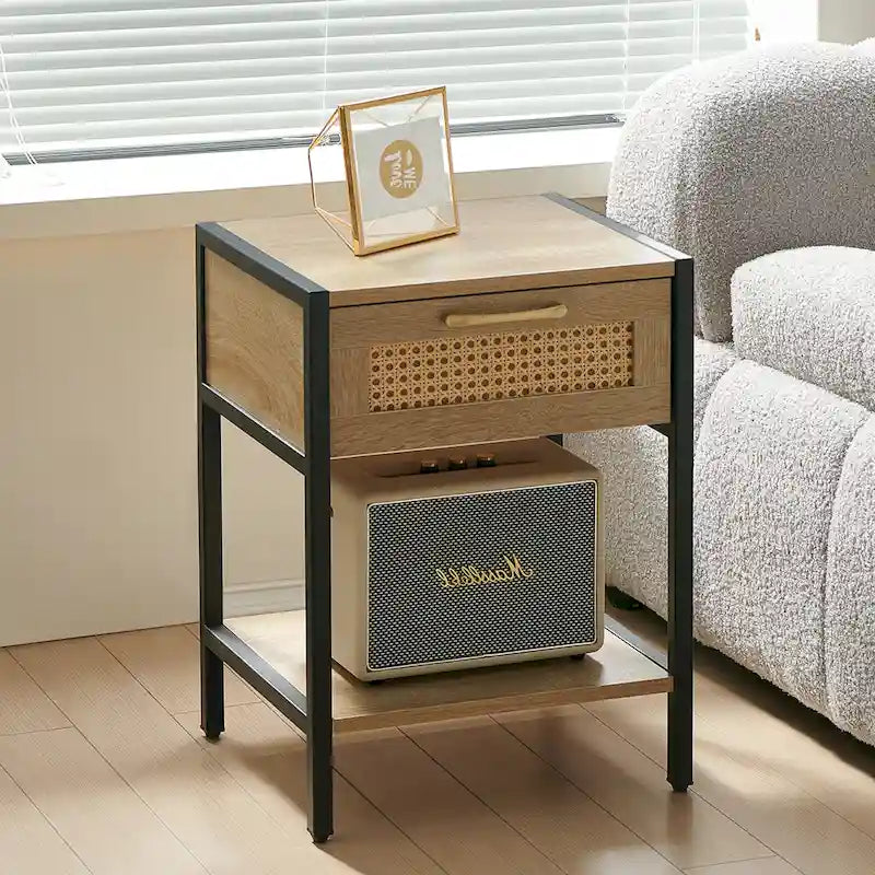 Rattan 1-drawer Nightstand with Shelf