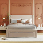 Full Size Beige Velvet Upholstered Platform Bed with Large Drawer