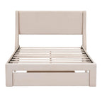 Full Size Beige Velvet Upholstered Platform Bed with Large Drawer