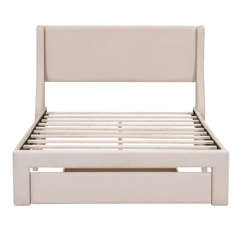 Full Size Beige Velvet Upholstered Platform Bed with Large Drawer