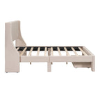 Full Size Beige Velvet Upholstered Platform Bed with Large Drawer