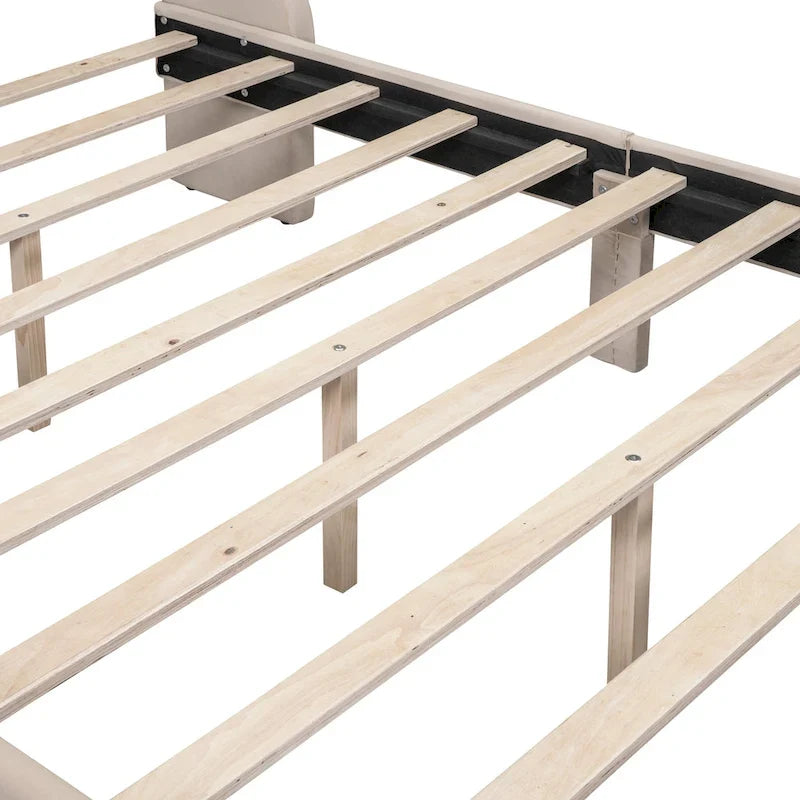 Full Size Beige Velvet Upholstered Platform Bed with Large Drawer