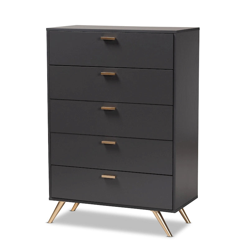 Kelson Modern Dark Grey and Gold Finished Wood 5-Drawer Chest