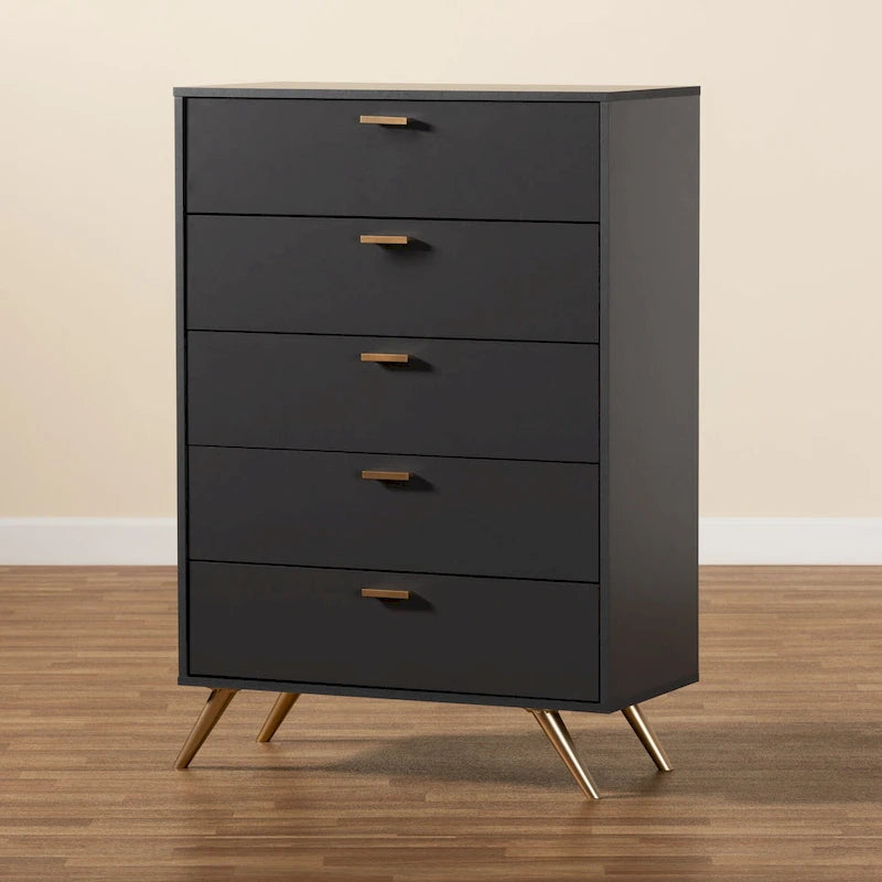 Kelson Modern Dark Grey and Gold Finished Wood 5-Drawer Chest