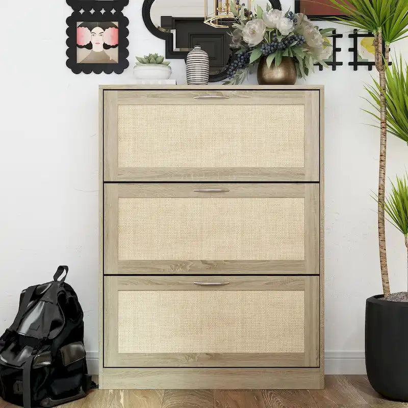 Shoe Cabinet, Shoe Rack Storage Organizer with 3 Flip Drawers Rattan