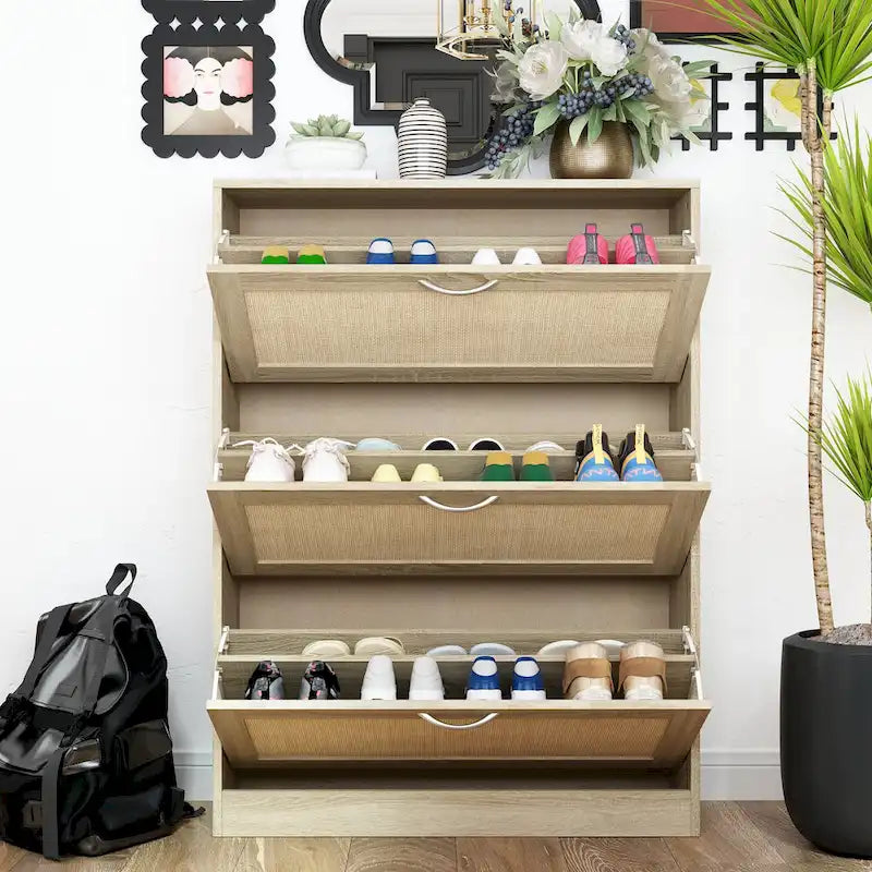 Shoe Cabinet, Shoe Rack Storage Organizer with 3 Flip Drawers Rattan
