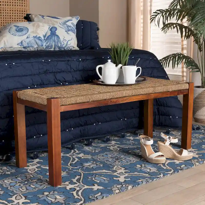 Hermes Mid-Century Modern Transitional Natural Seagrass and Mahogany Wood Bench