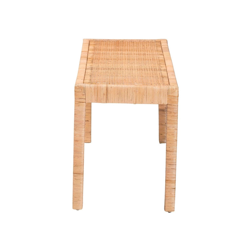 Abelia Modern Bohemian Natural Rattan and Mahogany Wood Accent Bench