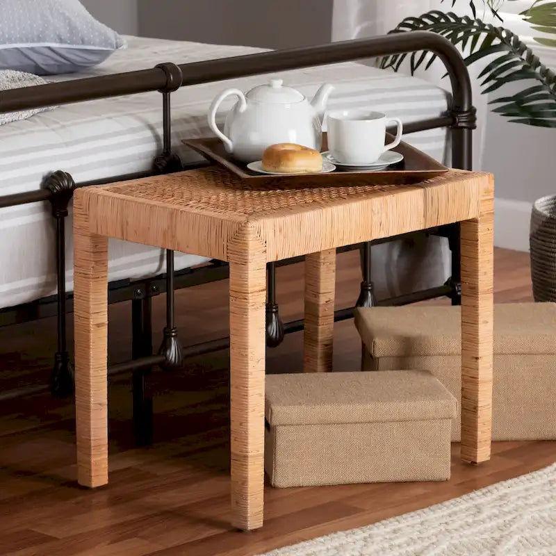 Abelia Modern Bohemian Natural Rattan and Mahogany Wood Accent Bench