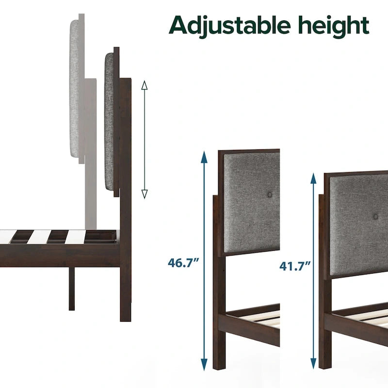 Priage by ZINUS Brown Wood Platform Bed Frame with Adjustable Upholstered Headboard
