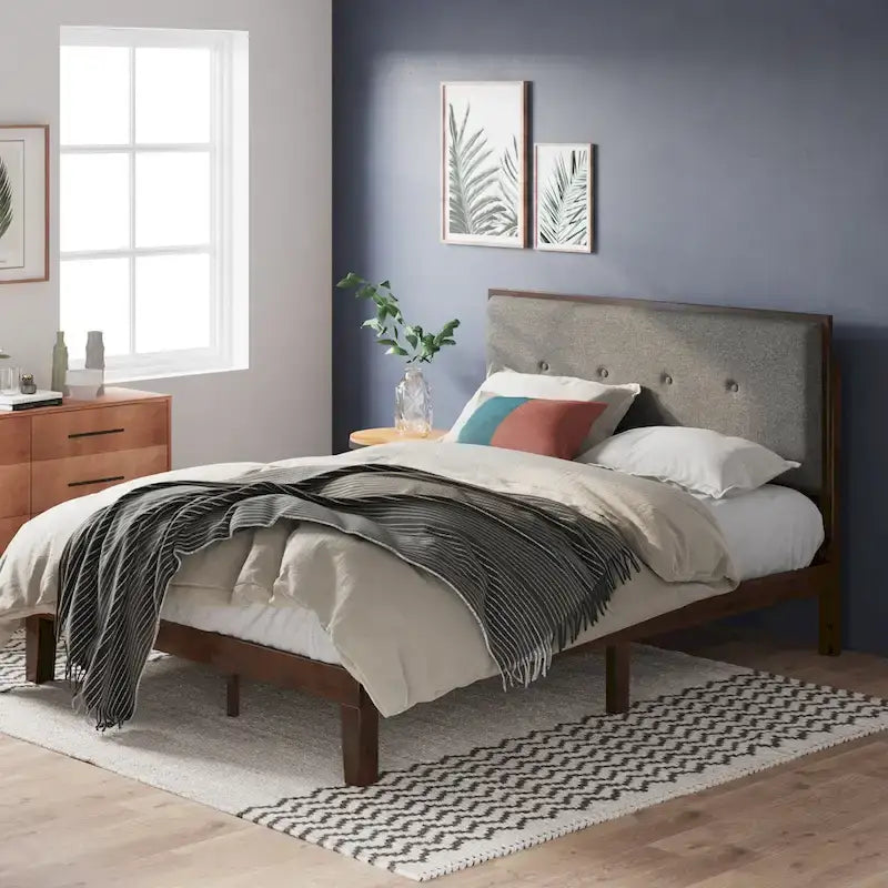 Priage by ZINUS Brown Wood Platform Bed Frame with Adjustable Upholstered Headboard