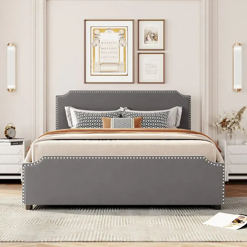 Upholstered Platform Bed with Stud Trim Headboard and Footboard