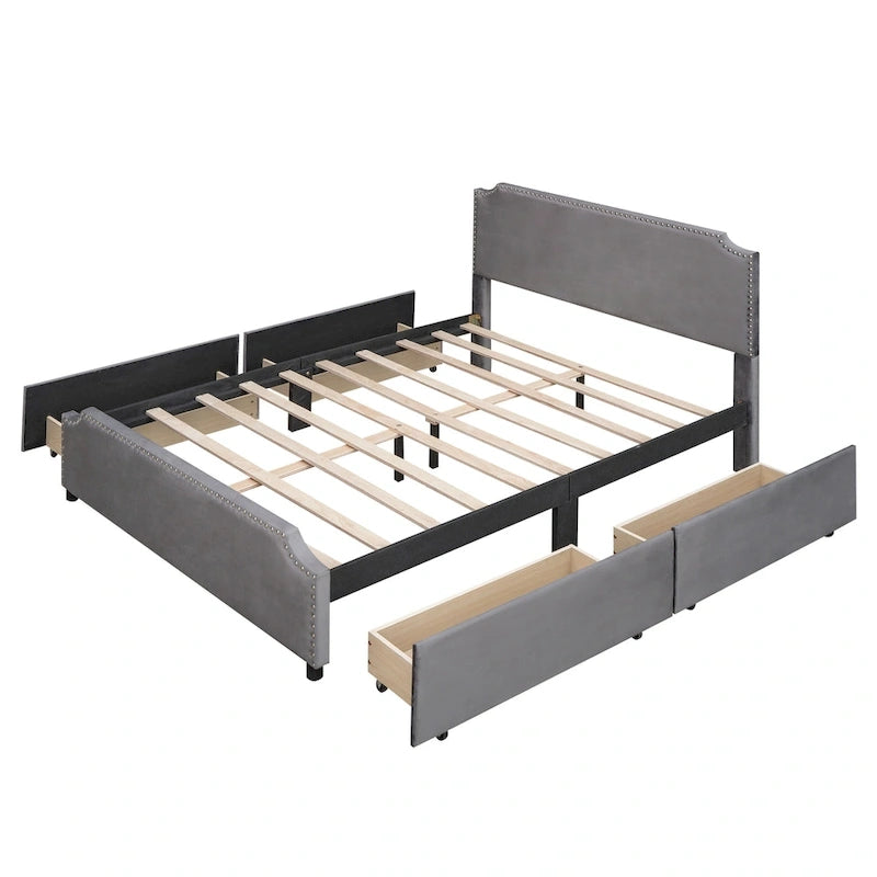 Upholstered Platform Bed with Stud Trim Headboard and Footboard