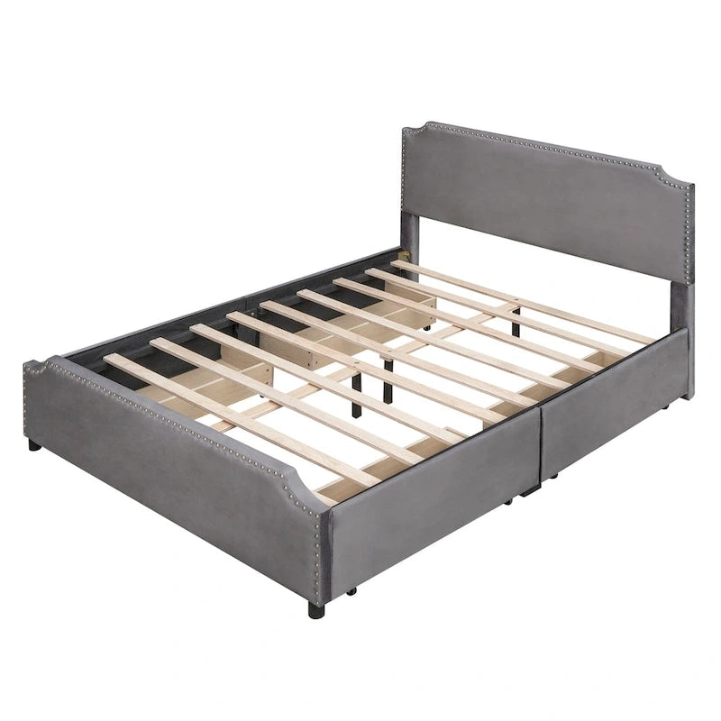 Upholstered Platform Bed with Stud Trim Headboard and Footboard