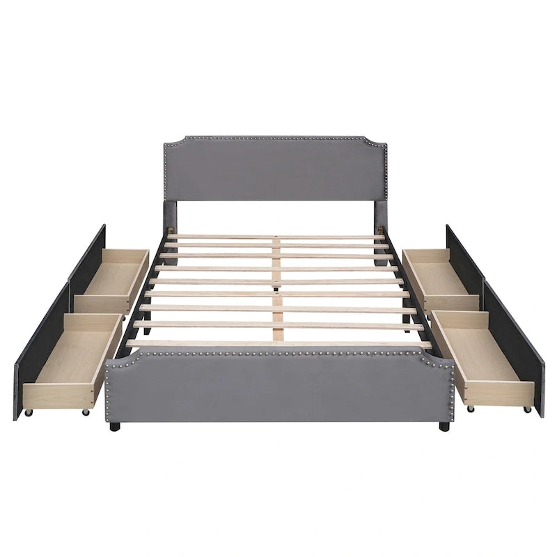 Upholstered Platform Bed with Stud Trim Headboard and Footboard