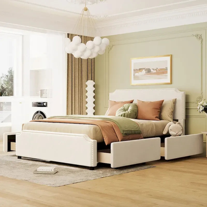 Upholstered Platform Bed with Stud Trim Headboard and Footboard