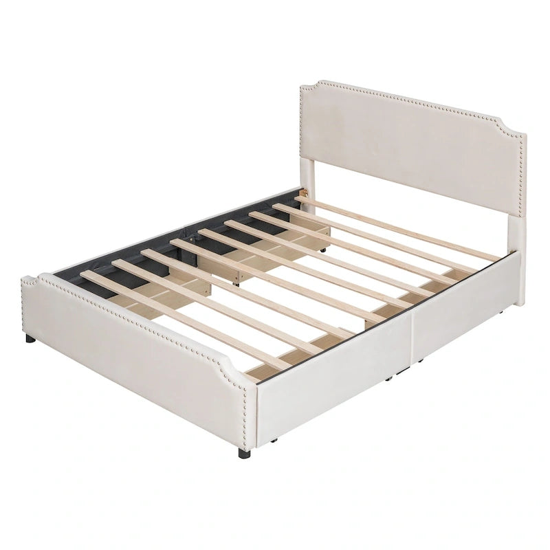 Upholstered Platform Bed with Stud Trim Headboard and Footboard