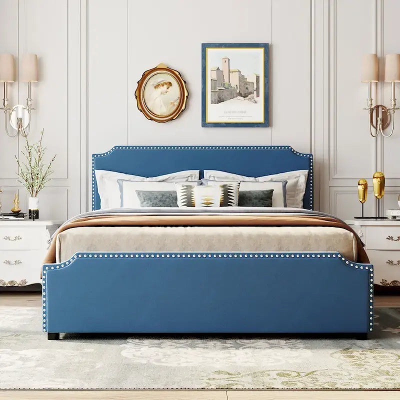 Upholstered Platform Bed with Stud Trim Headboard and Footboard