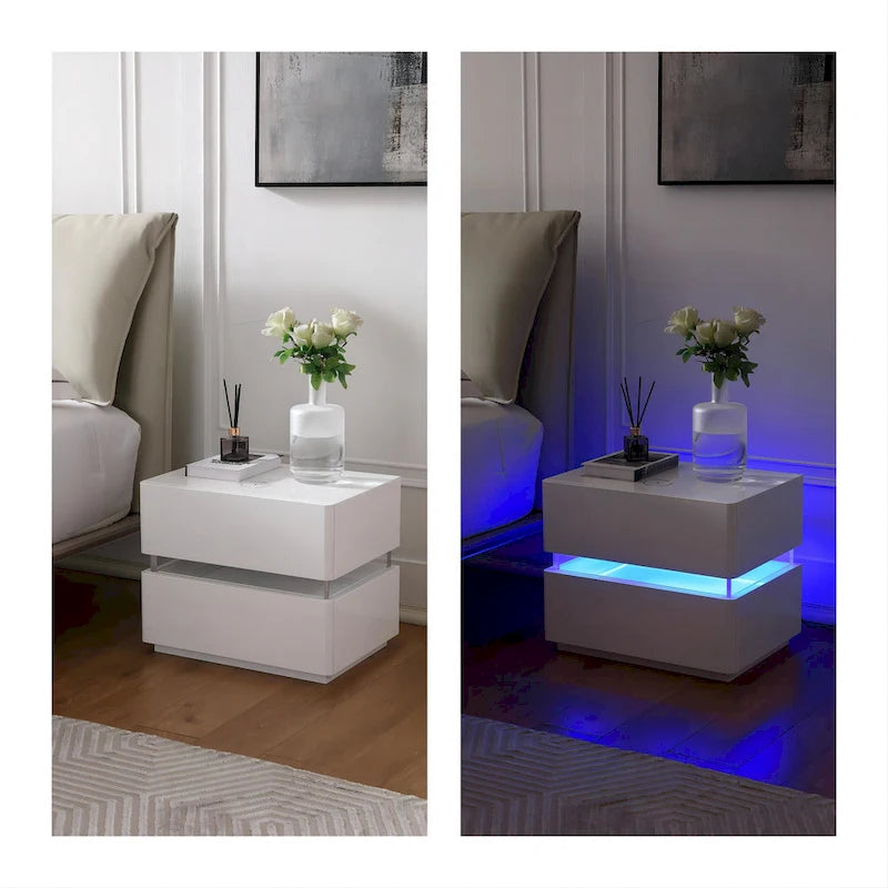 17.72 H Smart Led Nightstand with Charging Station and Drawer for Bedroom in Black/White/Cream