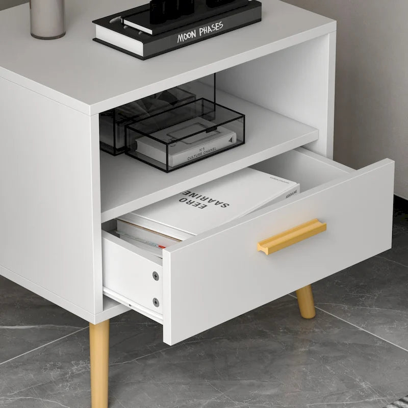 Timechee Modern 1-Drawer White Bedside Nightstand with Open Shelf