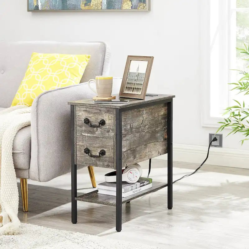 Set of 2 Nightstand with Charging Station, 2 USB Port & 2 Power Outlets, Tall End/Side Table with 2-Drawer and Storage Shelf