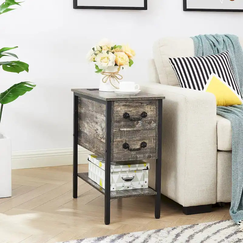 Set of 2 Nightstand with Charging Station, 2 USB Port & 2 Power Outlets, Tall End/Side Table with 2-Drawer and Storage Shelf