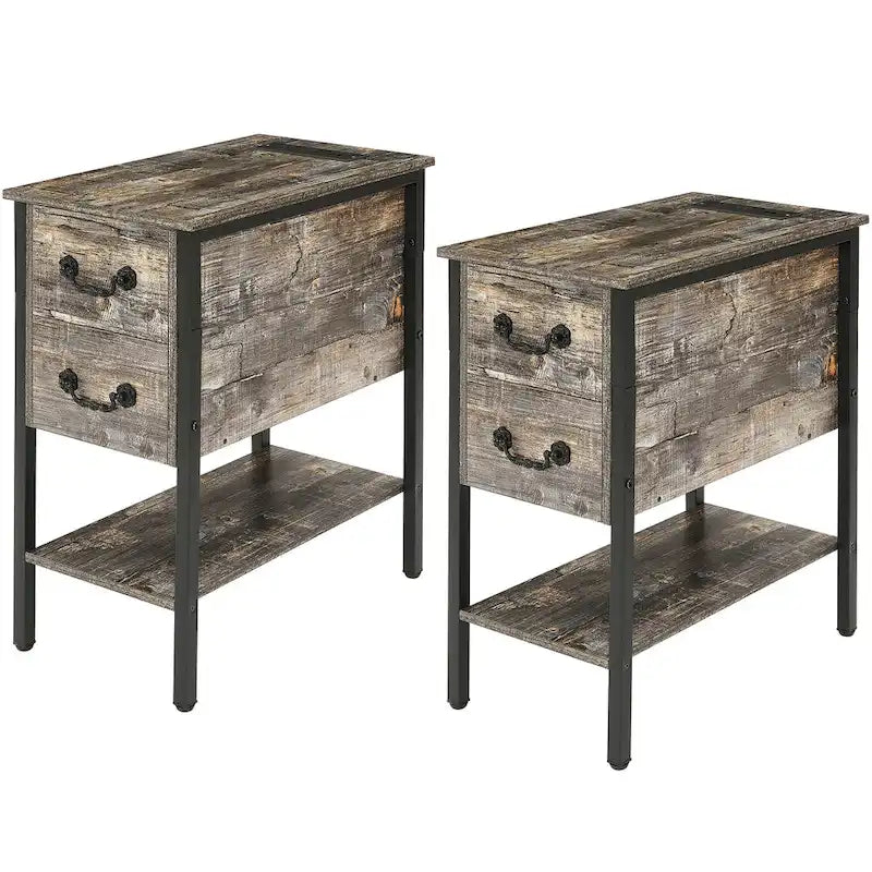 Set of 2 Nightstand with Charging Station, 2 USB Port & 2 Power Outlets, Tall End/Side Table with 2-Drawer and Storage Shelf