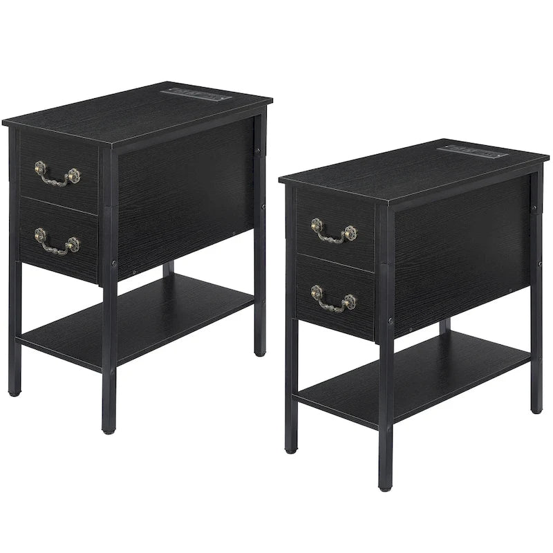 Set of 2 Nightstand with Charging Station, 2 USB Port & 2 Power Outlets, Tall End/Side Table with 2-Drawer and Storage Shelf