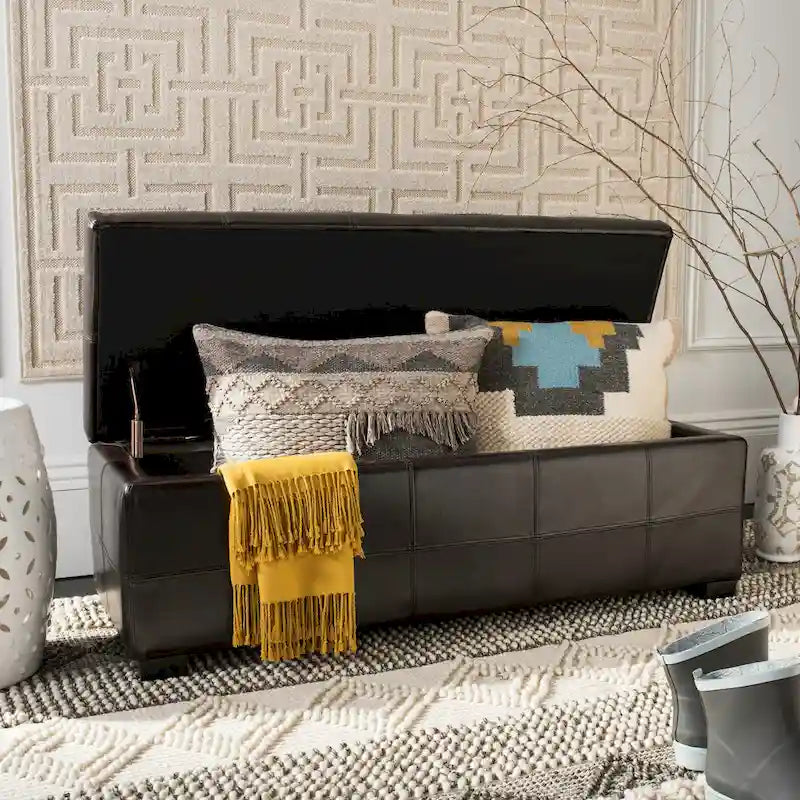 SAFAVIEH Kerrie Brown Bicast Leather/Wood Storage Bench - 46.9 x 18.3 x 16.7 - 47Wx18Dx17H