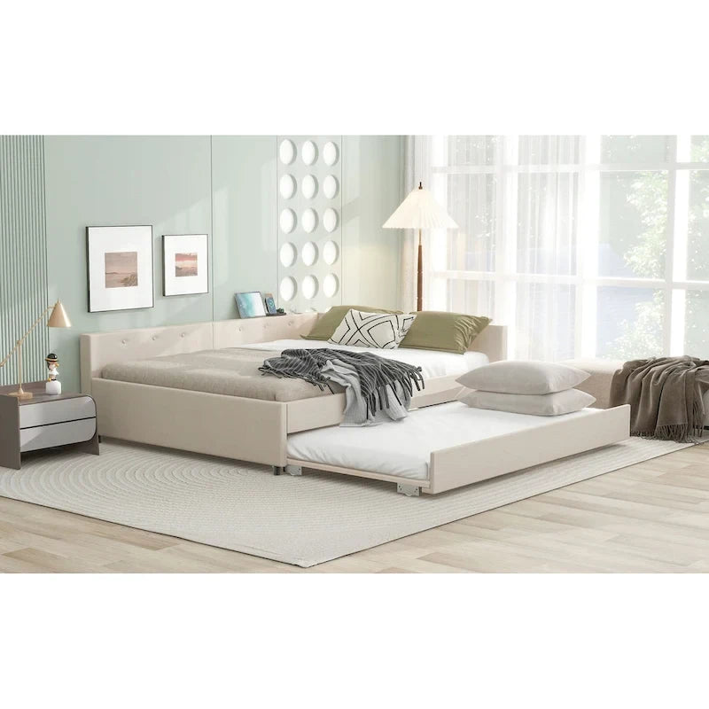 Queen Size Upholstered Platform Bed with USB and Twin Size Trundle, Beige