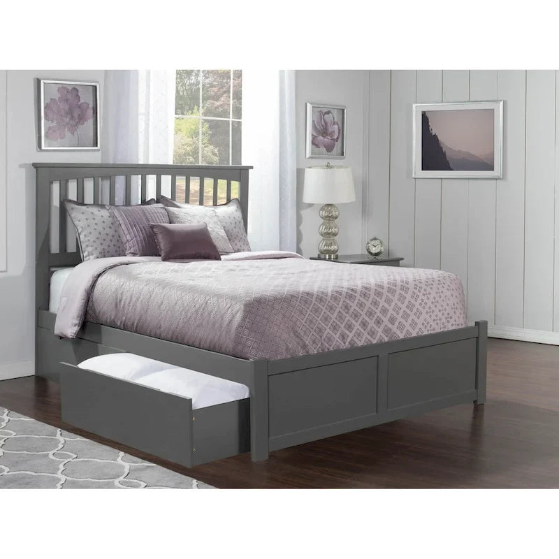 Mission King Platform Bed with 2 Drawers in Grey