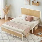 Modern Rattan Platform Bed Frame with Headboard LED light