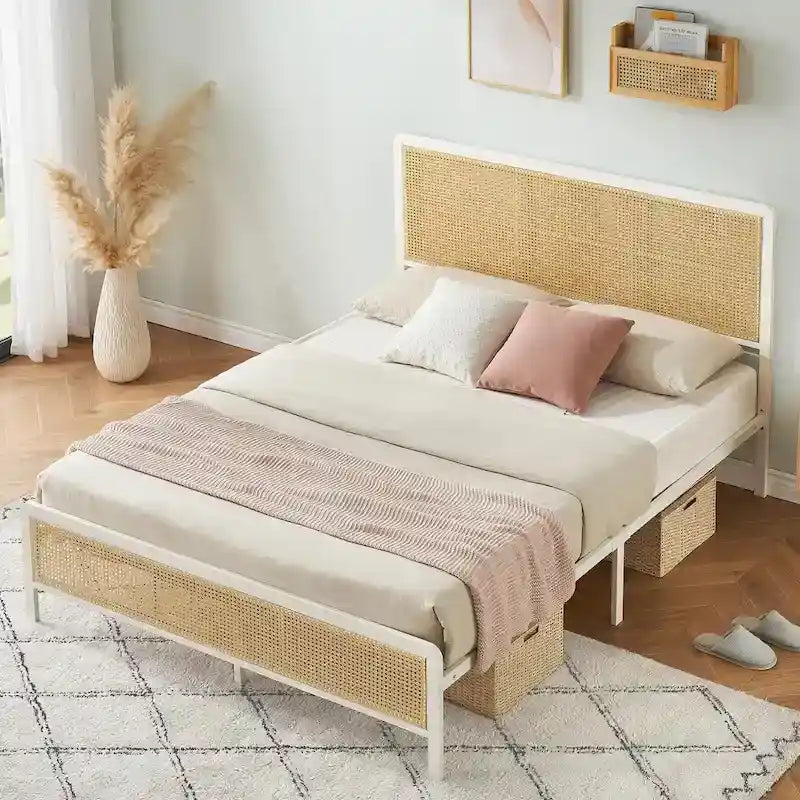 Modern Rattan Platform Bed Frame with Headboard LED light