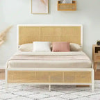 Modern Rattan Platform Bed Frame with Headboard LED light