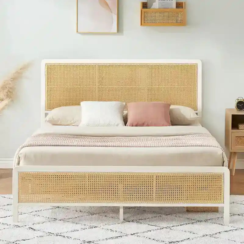 Modern Rattan Platform Bed Frame with Headboard LED light