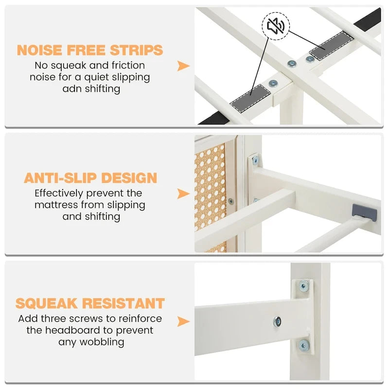 Modern Rattan Platform Bed Frame with Headboard LED light