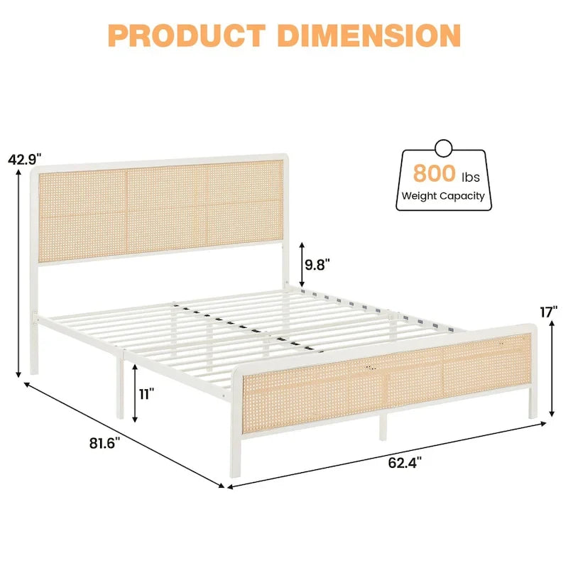 Modern Rattan Platform Bed Frame with Headboard LED light