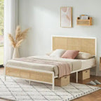 Modern Rattan Platform Bed Frame with Headboard LED light